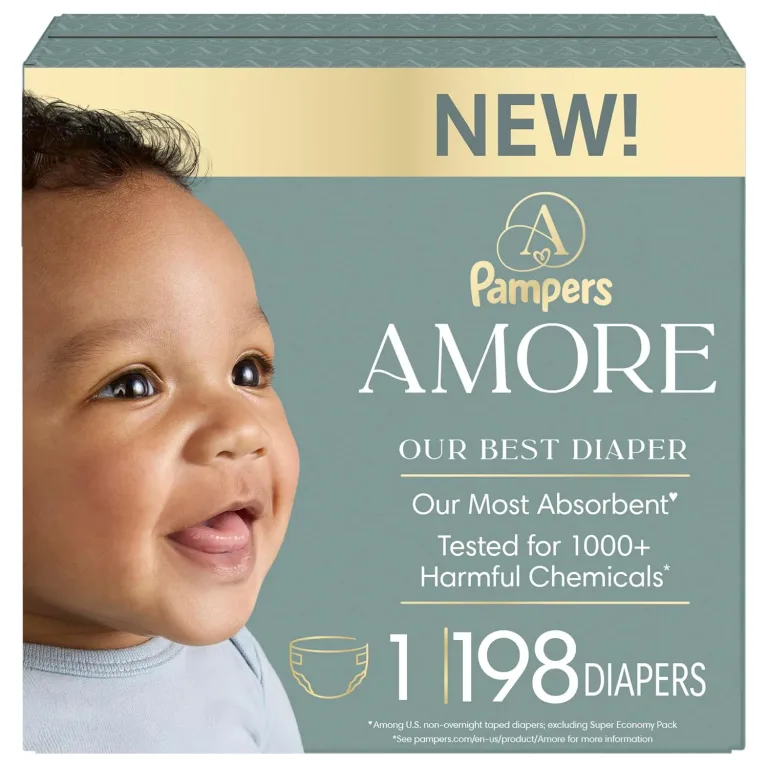 Pampers Amore, Size 1 (8-14 lbs), 198 Count, Our Best Diaper – Hypoallergenic & Fragrance Free, Up to 100% Leakproof, Soft as Cashmere, photo 1