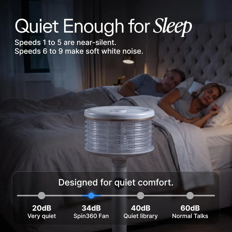 Spin360 360 Fan, Height-Adjustable Floor & Table Fan with Aromatherapy Scent Pods, Whisper-Quiet, Touchscreen, 9 Speeds, Timer & Ambient Light for Bedroom, Living Room, Office (White), photo 3