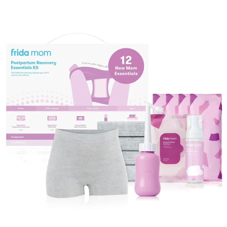 Frida Mom 11pc Postpartum Essentials Kit Gift Set, Hospital Bag Must Haves for New Mom, Includes 4 Disposable Postpartum Underwear, 4 Ice Maxi Pads, Perineal Healing Foam & 24 Pad Liners & Peri Bottle, photo 1