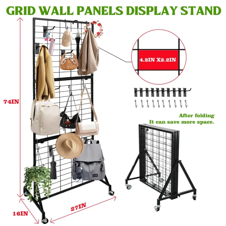 Heavy Duty Foldable Grid Wall Panels Display Stand 6FT x 2FT, 1-Pack Grid Panel Wire Grid Display Rack with Braked Wheels & 20 Hooks, No Tools Setup Gridwall for Art Fairs, Craft Shows & Home Storage, photo 2