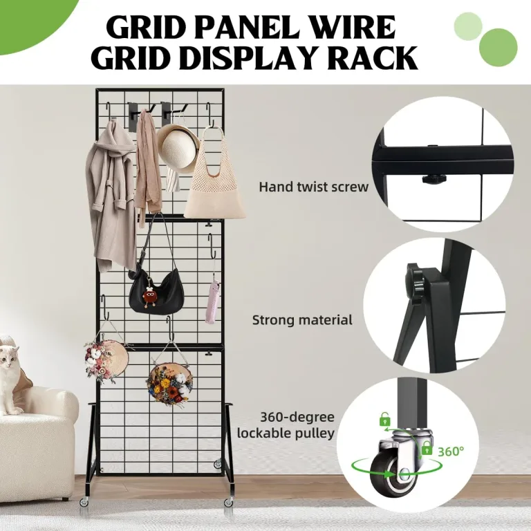 Heavy Duty Foldable Grid Wall Panels Display Stand 6FT x 2FT, 1-Pack Grid Panel Wire Grid Display Rack with Braked Wheels & 20 Hooks, No Tools Setup Gridwall for Art Fairs, Craft Shows & Home Storage, photo 3