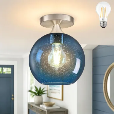 8" Modern Semi Flush Mount Ceiling Light Blue Globe Ceiling Lights Mid-Century Modern Ceiling Light Fixtures Blue Glass Light Fixture for Hallway Foyer Entryway Laundry Bulb Included