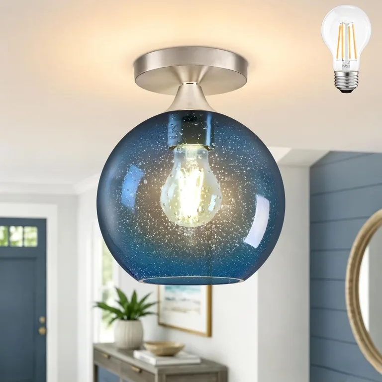 8" Modern Semi Flush Mount Ceiling Light Blue Globe Ceiling Lights Mid-Century Modern Ceiling Light Fixtures Blue Glass Light Fixture for Hallway Foyer Entryway Laundry Bulb Included, photo 1