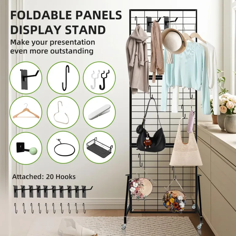 Heavy Duty Foldable Grid Wall Panels Display Stand 6FT x 2FT, 1-Pack Grid Panel Wire Grid Display Rack with Braked Wheels & 20 Hooks, No Tools Setup Gridwall for Art Fairs, Craft Shows & Home Storage, photo 4