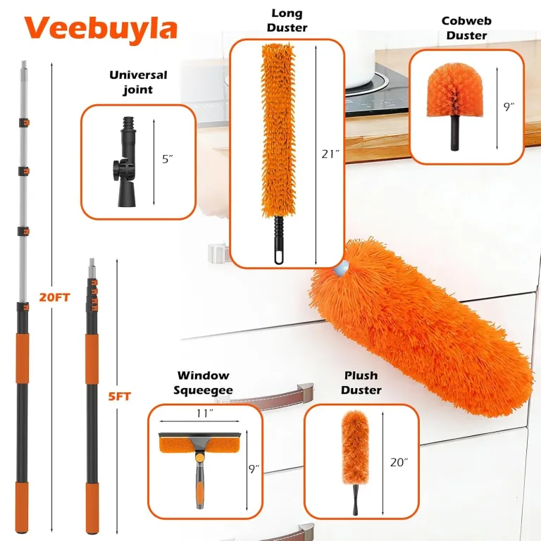 25FT Reach High Ceiling Duster Kits with 5-20FT Adjustable Pole - Includes Extra Long Duster, High Ceiling Duster, Rotatable Window Squeegee & Cobweb Duster for Ceiling Fans and Whole House Cleaning, photo 2