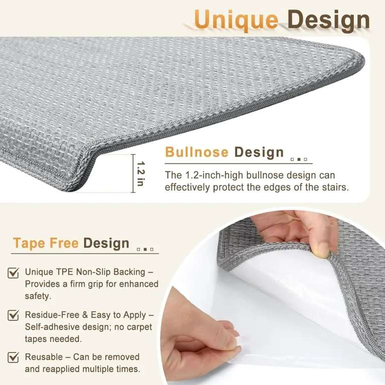 SMILOOL Bullnose Carpet Stair Treads Non Slip for Wooden Steps Indoor, 9.5" x 35" 14 Pieces, Extra Wide Bull Nose Carpet Runners for Wood Stairs, Step Covers, Stair Tread Rugs, Washable, Light Grey, photo 3
