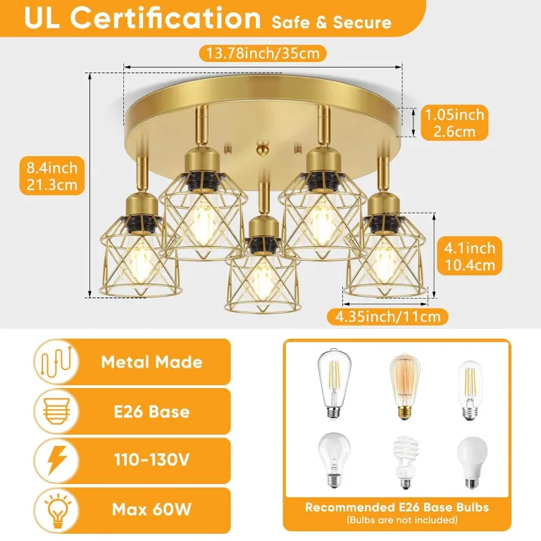 Baocuz 5-Light Semi Flush Mount Ceiling Light, Gold Kitchen Lighting Fixtures Ceiling with Metal Shade, Hallway Light Fixtures with Mini Cage for Entryway, Bedroom, Living Room, photo 2