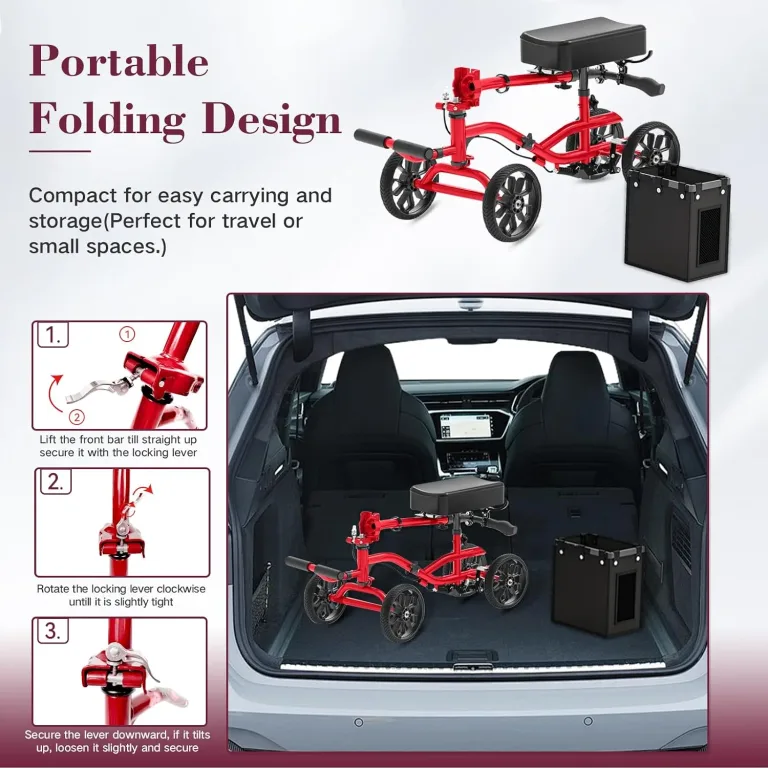 Fvzzin Lightweight Knee Scooter Crutch Alternative, Foldable & Adjustable Knee Scooter for Adults for Foot Surgery, Steerable Knee Walker with Detachable Storage Basket, Includes DIY Stickers-Hot Red, photo 5