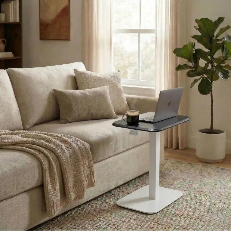Elevance Height Adjustable Side Table, White Base, Walnut Top | Sofa Laptop Table for Couch & Bed | Small C-Shape End Table for Home or Office, photo 13