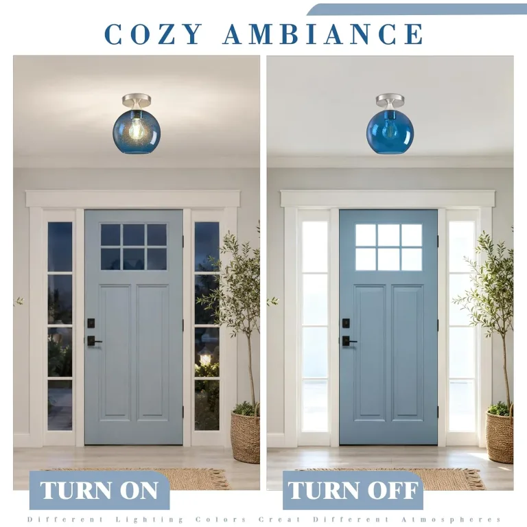 8" Modern Semi Flush Mount Ceiling Light Blue Globe Ceiling Lights Mid-Century Modern Ceiling Light Fixtures Blue Glass Light Fixture for Hallway Foyer Entryway Laundry Bulb Included, photo 5