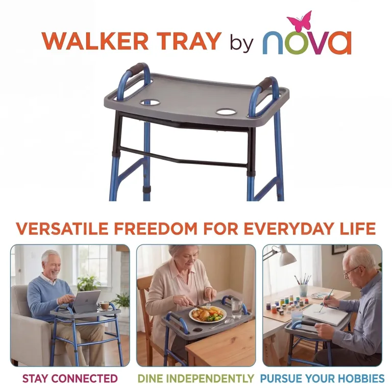 NOVA Walker Tray Table with Spill-Proof Raised Edges and Two Cup Holders and for Seniors, Standard Folding Walker Accessory, 16 x 23 Inch, photo 5
