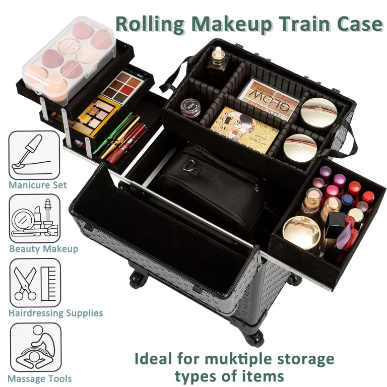 Arous Rolling Train Makeup Case Cosmetology Case on Wheels, Black, photo 2