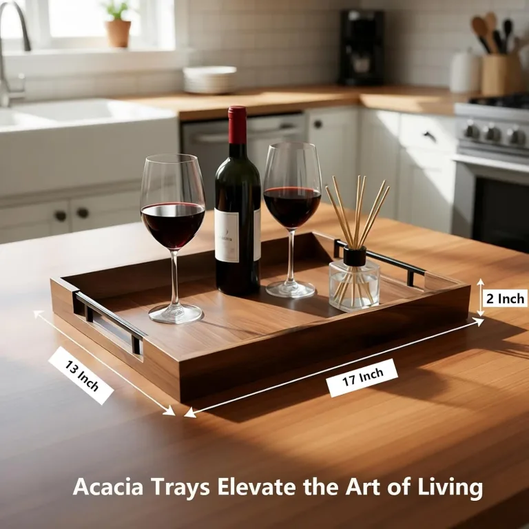 Acacia Wood Serving Tray, 17x13in Ottoman Tray with Metal Handles, Decorative Tray for Coffee Table, Rustic Wooden Breakfast & Drink Tray for Breakfast, Dinner & Bar, Storage Tray for Kitchen, photo 2