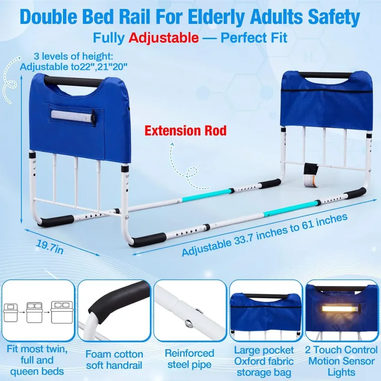 Chicmount Double Bed Rail for Elderly Adults Safety, ASTM Compliant, Adjustable Bed Rail,U Bar with Sensor Light & Storage Pocket for Medical Bedside Safety Assisting Rails Fits Twin Full Queen Beds, photo 2