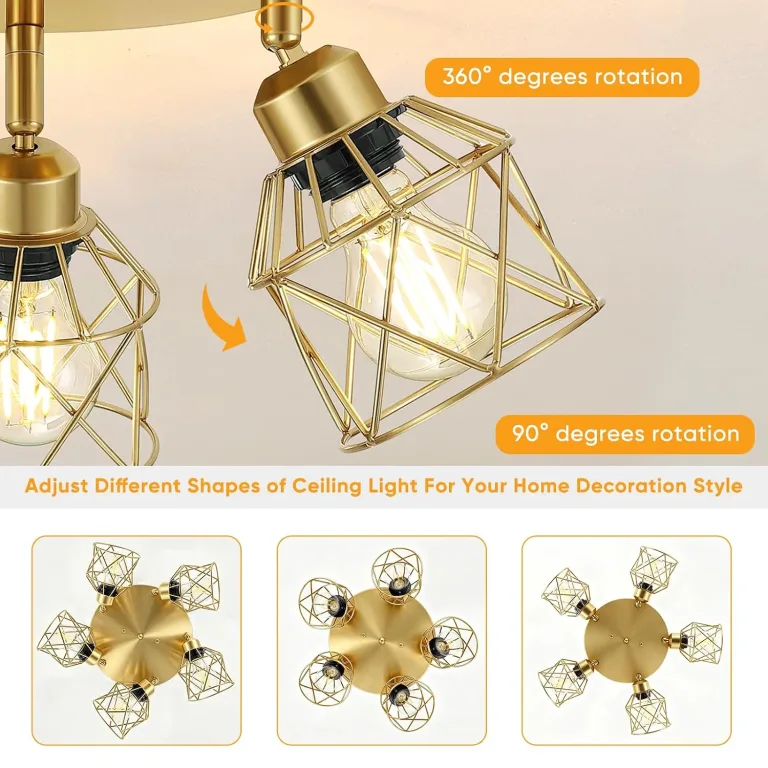 Baocuz 5-Light Semi Flush Mount Ceiling Light, Gold Kitchen Lighting Fixtures Ceiling with Metal Shade, Hallway Light Fixtures with Mini Cage for Entryway, Bedroom, Living Room, photo 5