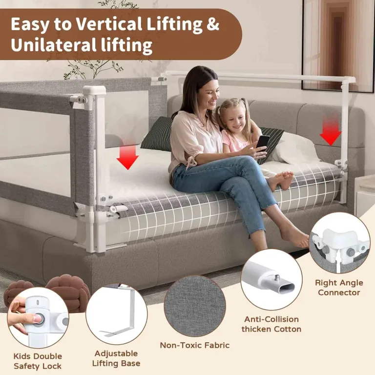 3-Piece Califormia King Size Bed Rail for Toddlers - Height Adjustable Baby Bed Rail Guard with Headboard Rod,Safety Bed Rails for Cal King Size Bed with Child Lock(70.8x82.7 x82.7Inch, photo 2