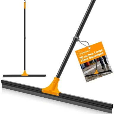 TidyBliss 30” Large Floor Squeegee Broom, Heavy Duty Rubber Foam Water Scraper, Epoxy Wiper Mop with 58.3 inches Long Handle for Cleaning Concrete Pool Rug Garage Deck Shower Window Outdoor (Orange)