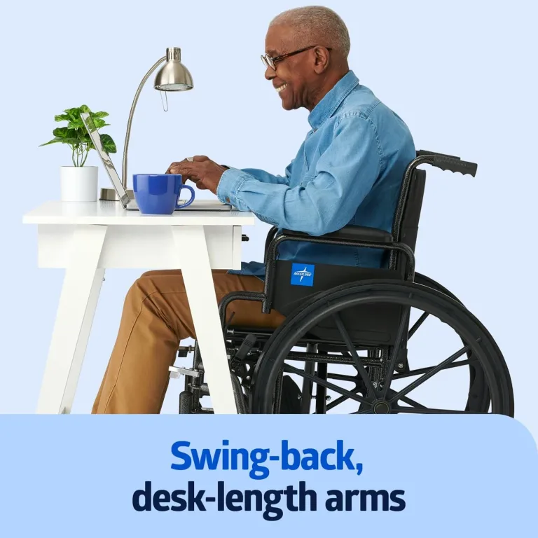 Medline Comfortable Folding Wheelchair with Swing-Back Desk-Length Arms and Swing-Away Footrests, 20”W x 16”D Seat, photo 4