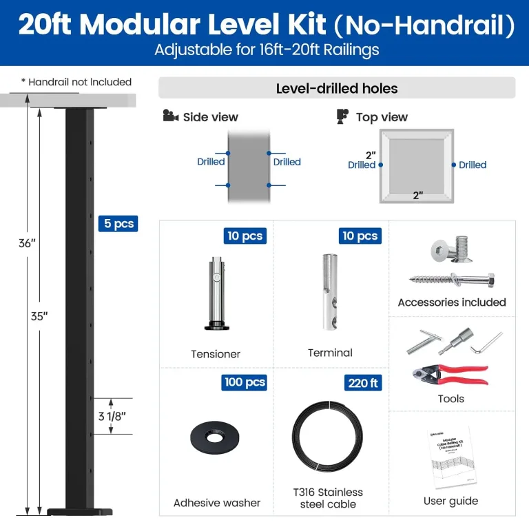 Muzata 16-20ft Modular Cable Railing Kit for Deck Surface Mount 36in RW17, photo 2