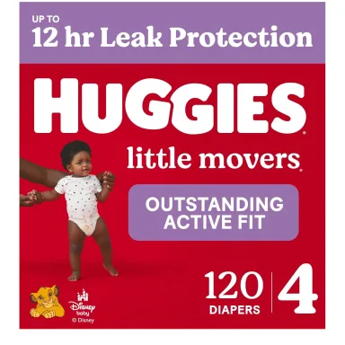 Huggies Size 4 Diapers, Little Movers Baby Diapers, Size 4 (22-37 lbs), 120 Count, Packaging May Vary