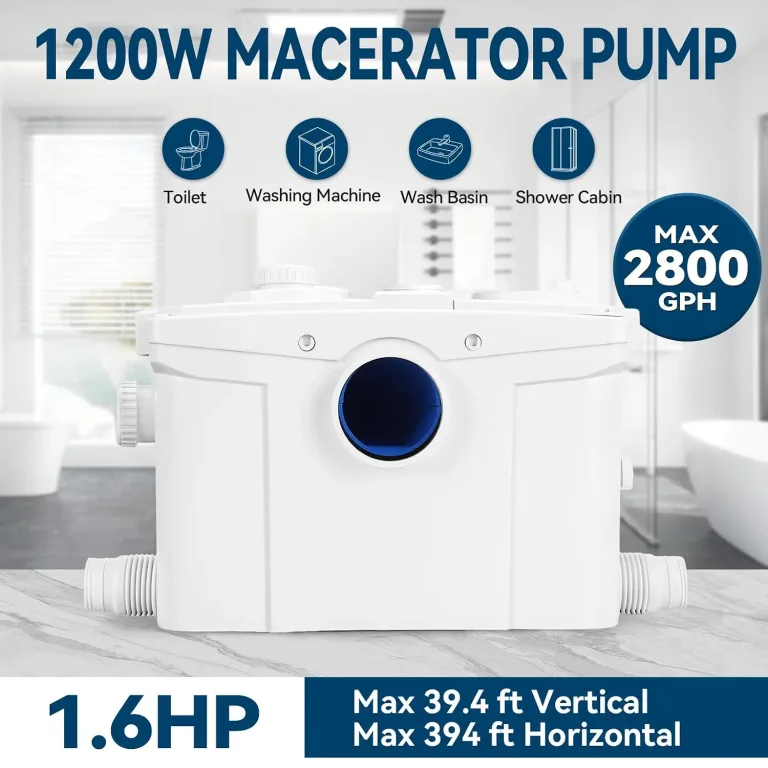 1200W Macerator Pump with PCB Function Toilet Pump Utility Sink Pump Upflush to 39.4FT 2800GPH Macerating Toilet System with 4 Water Inlets 2 Outlets for Toilet Sink Shower Laundry Kitchen Basement, photo 2