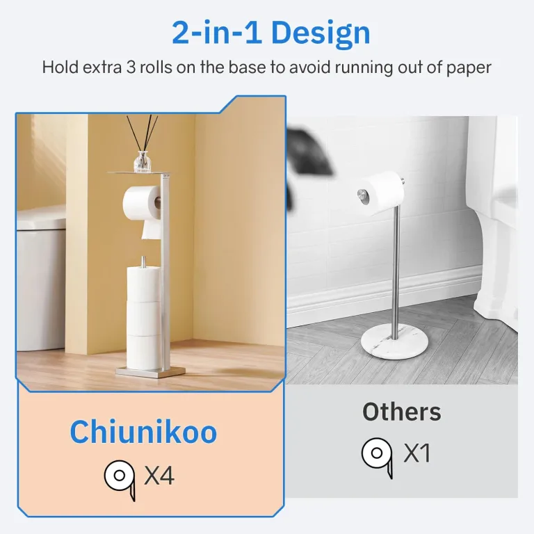 Freestanding Toilet Paper Holder for Bathroom – Brushed Stainless Steel Square Tissue Dispenser with Storage Tray & Roll Organizer, photo 5