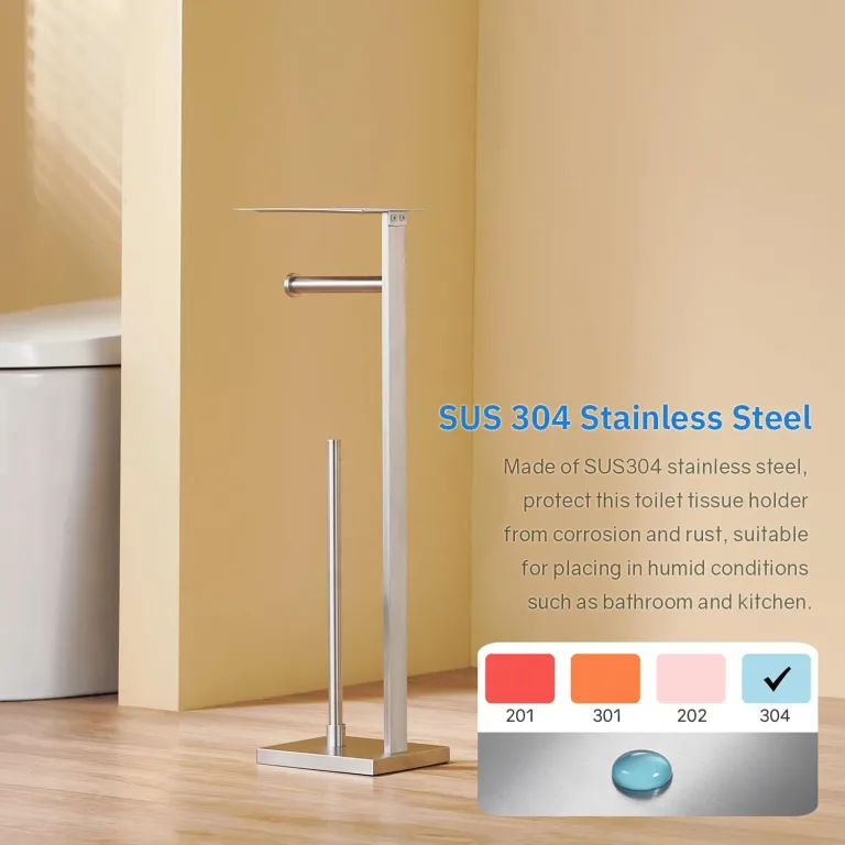 Freestanding Toilet Paper Holder for Bathroom – Brushed Stainless Steel Square Tissue Dispenser with Storage Tray & Roll Organizer, photo 3