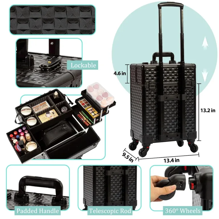Arous Rolling Train Makeup Case Cosmetology Case on Wheels, Black, photo 5