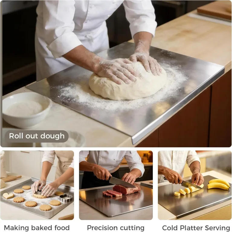 2PCS Large Stainless Steel Cutting Boards with Lip, Kneading Cutting Board Mats, Metal Cutting Board for Meat, Fruits, Vegetables, Bread, Baking, Non Adhesive (19.75" x 15.75", 15.75" x 11.5"), photo 2