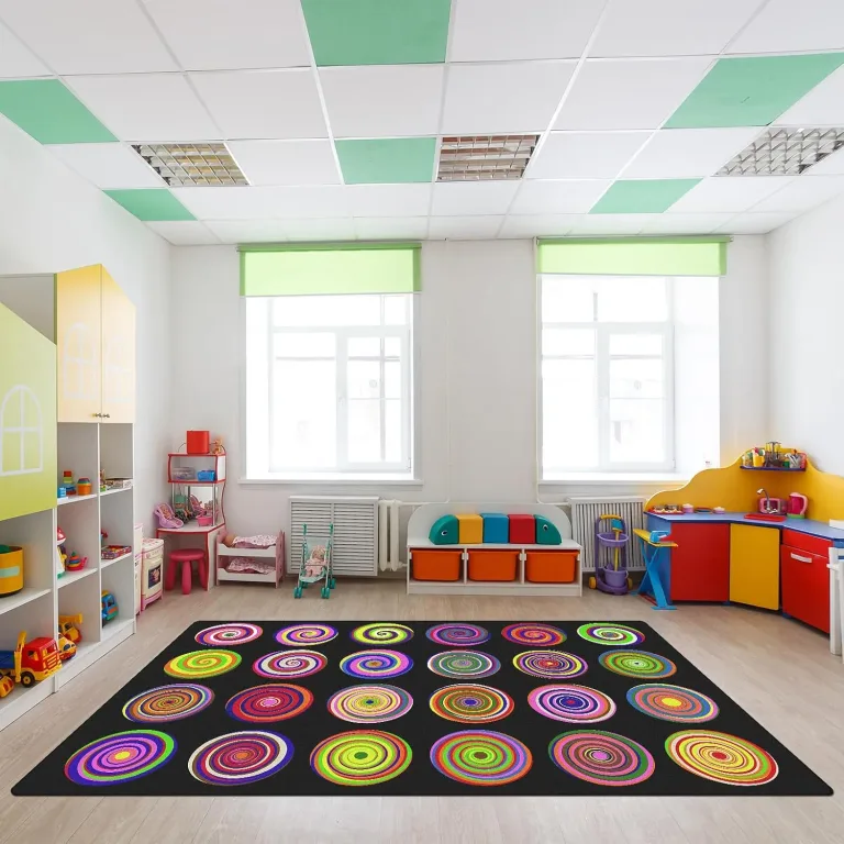 FuWeave 7'6" x 12' Colorful Rings Classroom Rug Children's Area Rug for Kids Circle Classroom Large Seating Carpet Play Carpet for Teaching Playing Learning Reading, Seats 24, Black, photo 2