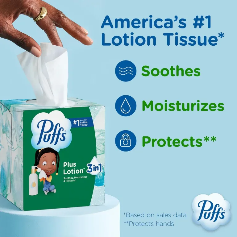 Puffs Facial Tissues Plus Lotion, 8 Family Rectangle Boxes, 124 Facial Tissues per Box, Allergies and Colds (Packaging May Vary), photo 4