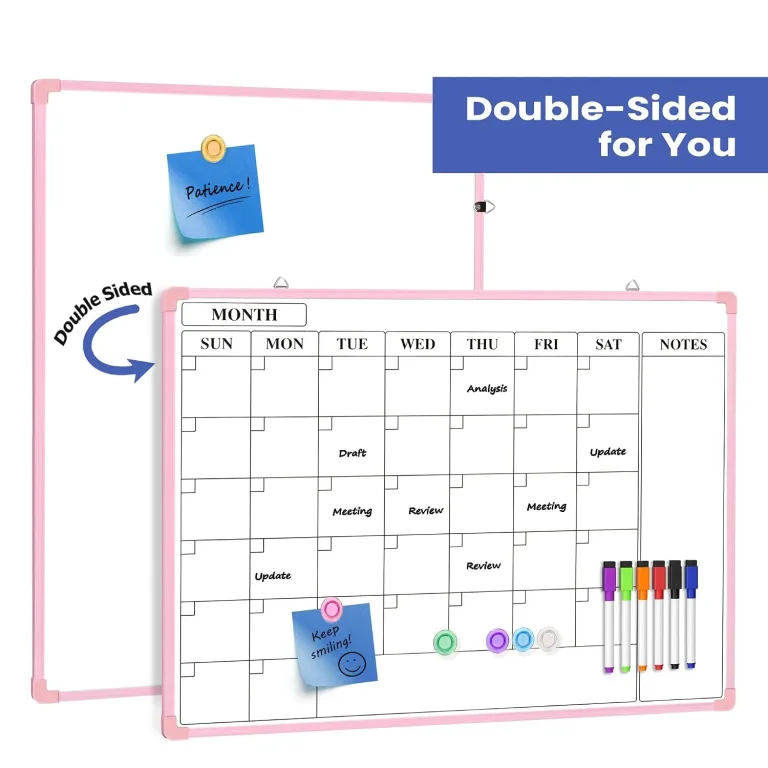 Monthly Whiteboard Calendar for Wall, 24" x 18" Dry Erase Board with Plastic Frame, Hanging Dry Erase Calendar with 3 Mini Sticky Notes for Kitchen Planner, Memo, Home and Office, Pink, photo 5