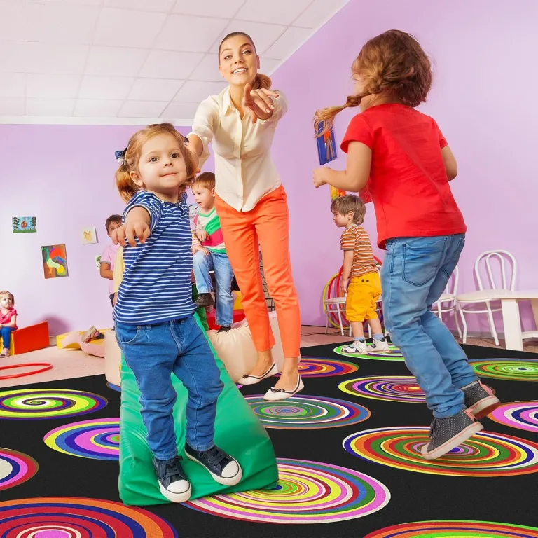 FuWeave 7'6" x 12' Colorful Rings Classroom Rug Children's Area Rug for Kids Circle Classroom Large Seating Carpet Play Carpet for Teaching Playing Learning Reading, Seats 24, Black, photo 5