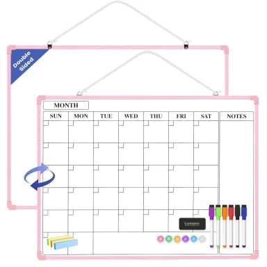 Monthly Whiteboard Calendar for Wall, 24" x 18" Dry Erase Board with Plastic Frame, Hanging Dry Erase Calendar with 3 Mini Sticky Notes for Kitchen Planner, Memo, Home and Office, Pink