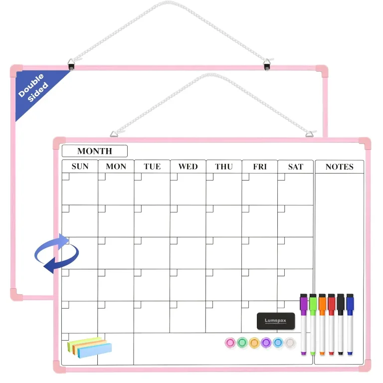 Monthly Whiteboard Calendar for Wall, 24" x 18" Dry Erase Board with Plastic Frame, Hanging Dry Erase Calendar with 3 Mini Sticky Notes for Kitchen Planner, Memo, Home and Office, Pink, photo 1
