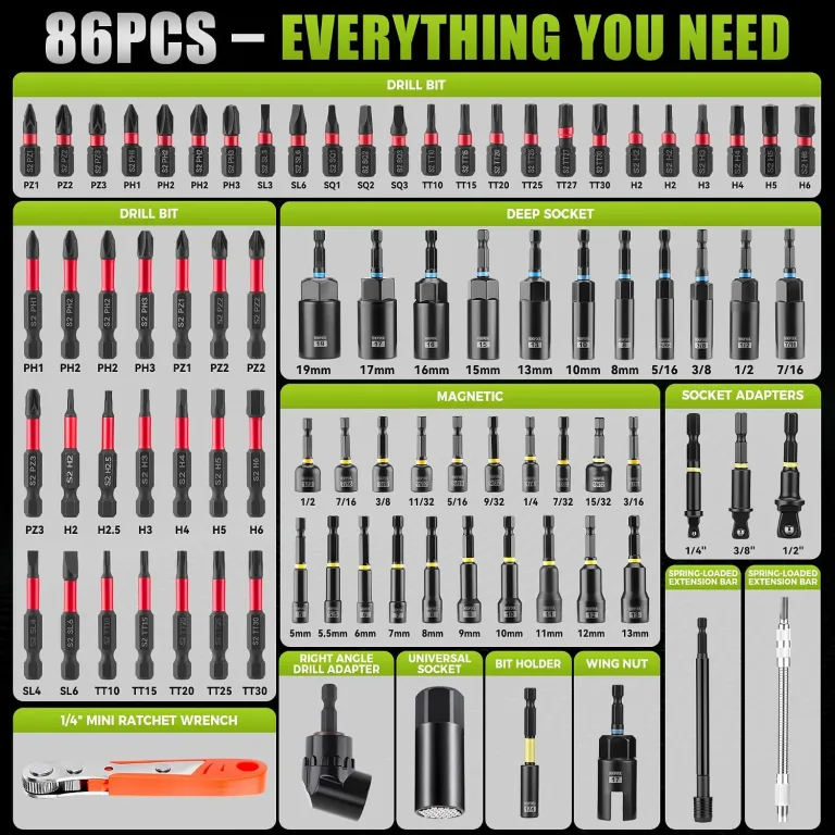 KOOPOOL 86-Piece Impact Driver Bit Set, Magnetic Nut Driver Set for Drill, photo 2