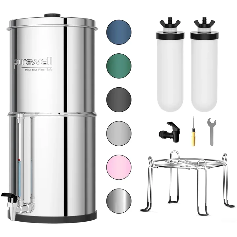 Purewell 3-Stage Gravity Fed Water Filter System, 2.25 Gallon Stainless Steel Countertop System with 2 Washable Ceramic Filters, Metal Water Level Spigot and Stand, Reduce up to 99% Chlorine, PW-OBT-K, photo 1