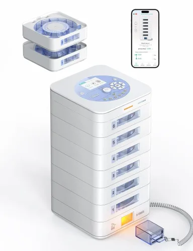 84-Day(1X) Automatic Pill Dispenser – App & On-Device Setup by Family, LCD Display, Digital Lock, Sound & Light Alerts – Safe Medication Organizer Management for Seniors (6-Tray, White) Automatic Pill Dispenser-6-Tray