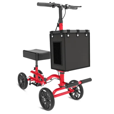 Fvzzin Lightweight Knee Scooter Crutch Alternative, Foldable & Adjustable Knee Scooter for Adults for Foot Surgery, Steerable Knee Walker with Detachable Storage Basket, Includes DIY Stickers-Hot Red