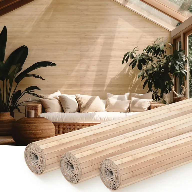Juexica 3 Pcs Natural Bamboo Wall Panel for Interior Wall 48''x96'' Bamboo Covering Renewable Pole Wainscoting Room Divider Wrap Decor for Bedroom Living Room Kitchen Island Office (Light Carbonized), photo 1