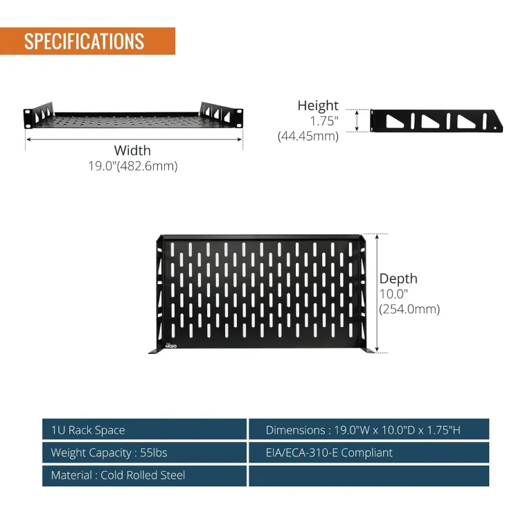 Tecmojo 1U Rack Shelf,19 inch Rack Shelf 10 inch Depth,Rack Mount Shelf with Anti-Slip Stops,Server Rack Shelf and Network Shelf for 19 in Equipments, 55lbs Capacity of Vented 1U Shelf,No Lip(2 Pack), photo 2