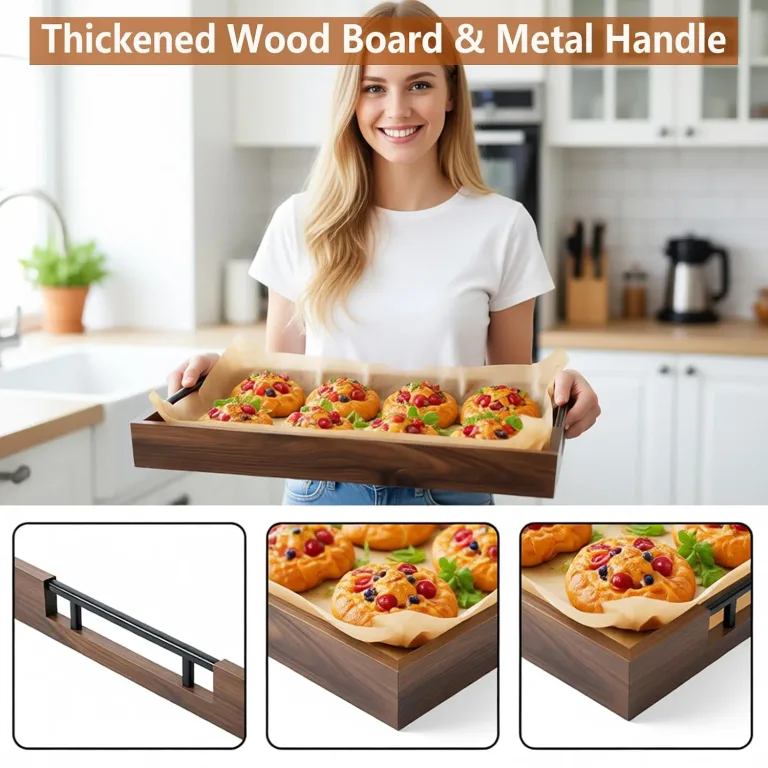 Acacia Wood Serving Tray, 17x13in Ottoman Tray with Metal Handles, Decorative Tray for Coffee Table, Rustic Wooden Breakfast & Drink Tray for Breakfast, Dinner & Bar, Storage Tray for Kitchen, photo 3