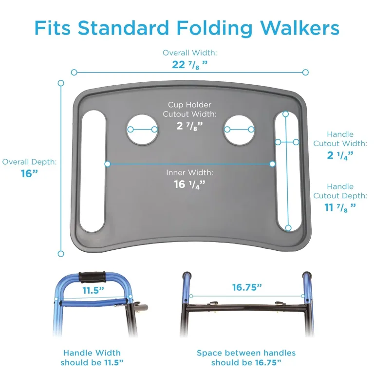 NOVA Walker Tray Table with Spill-Proof Raised Edges and Two Cup Holders and for Seniors, Standard Folding Walker Accessory, 16 x 23 Inch, photo 4