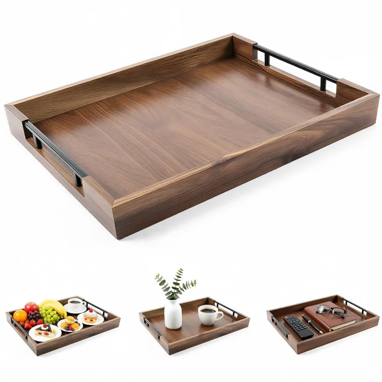 Acacia Wood Serving Tray, 17x13in Ottoman Tray with Metal Handles, Decorative Tray for Coffee Table, Rustic Wooden Breakfast & Drink Tray for Breakfast, Dinner & Bar, Storage Tray for Kitchen, photo 1
