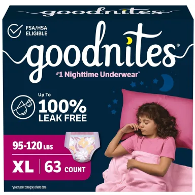 Goodnites Girls' Nighttime Bedwetting Underwear, Size Extra Large (95-120 lbs), 63 Ct (3 Packs of 21), Packaging May Vary