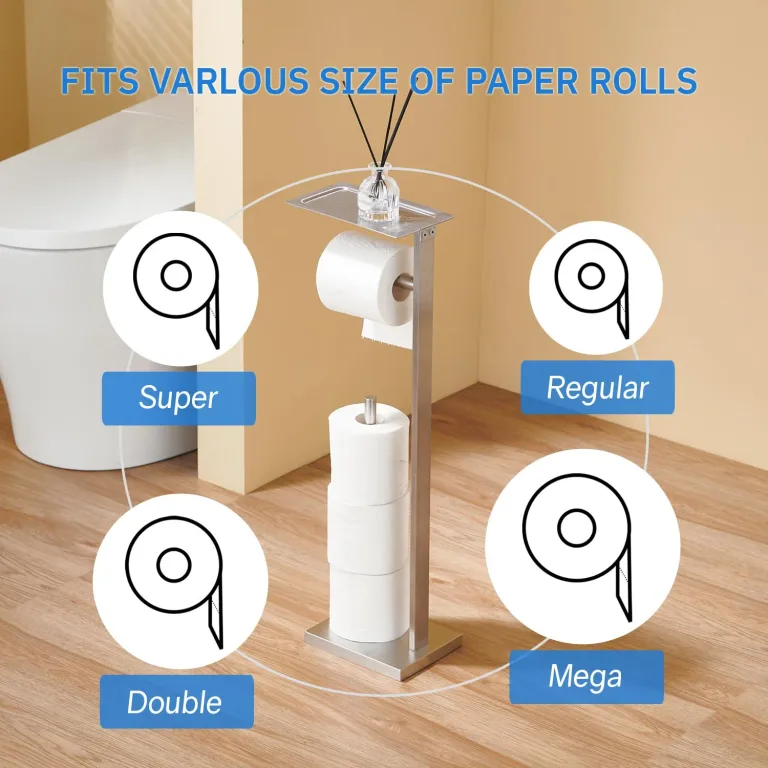 Freestanding Toilet Paper Holder for Bathroom – Brushed Stainless Steel Square Tissue Dispenser with Storage Tray & Roll Organizer, photo 4