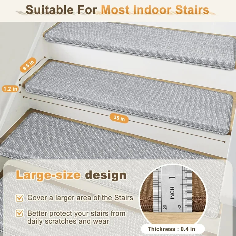 SMILOOL Bullnose Carpet Stair Treads Non Slip for Wooden Steps Indoor, 9.5" x 35" 14 Pieces, Extra Wide Bull Nose Carpet Runners for Wood Stairs, Step Covers, Stair Tread Rugs, Washable, Light Grey, photo 2