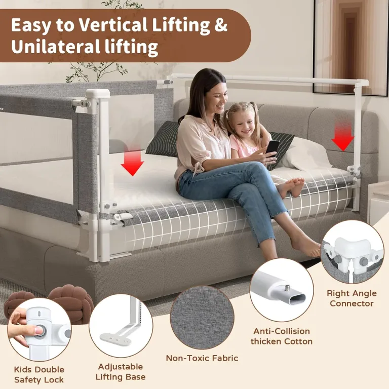 3-Piece Queen Size Bed Rail for Toddlers - Height Adjustable Baby Bed Rail Guard with Headboard Rod,Safety Bed Rails for Queen Size Bed with Child Lock(78.74x78.74x59Inch, photo 2