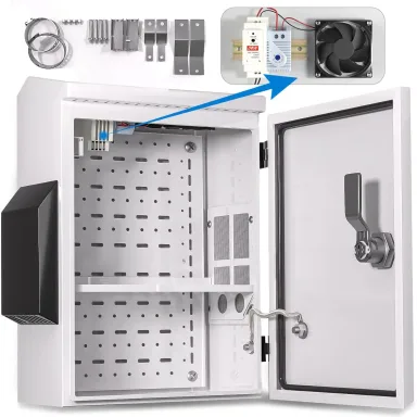 Outdoor Electrical Box with Thermostat and Fan, Cold-Rolled Steel Plate, Aluminum Alloy Back Beam, One-Piece Ventilation Design, IP65 Waterproof, Wall/Pole Mounted. (15.7" x 11.8" x 5.9")