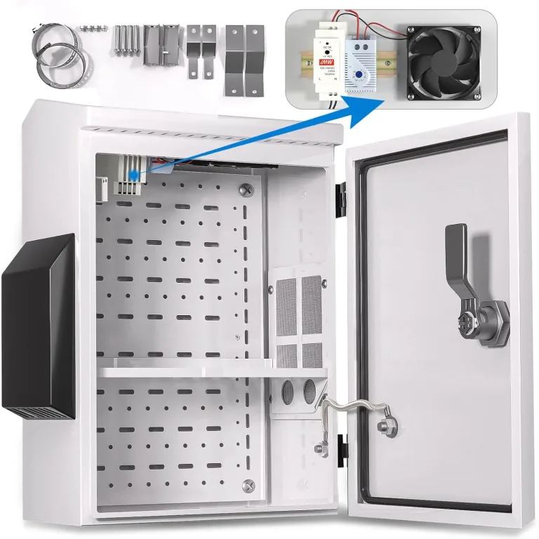 Outdoor Electrical Box with Thermostat and Fan, Cold-Rolled Steel Plate, Aluminum Alloy Back Beam, One-Piece Ventilation Design, IP65 Waterproof, Wall/Pole Mounted. (15.7" x 11.8" x 5.9"), photo 1